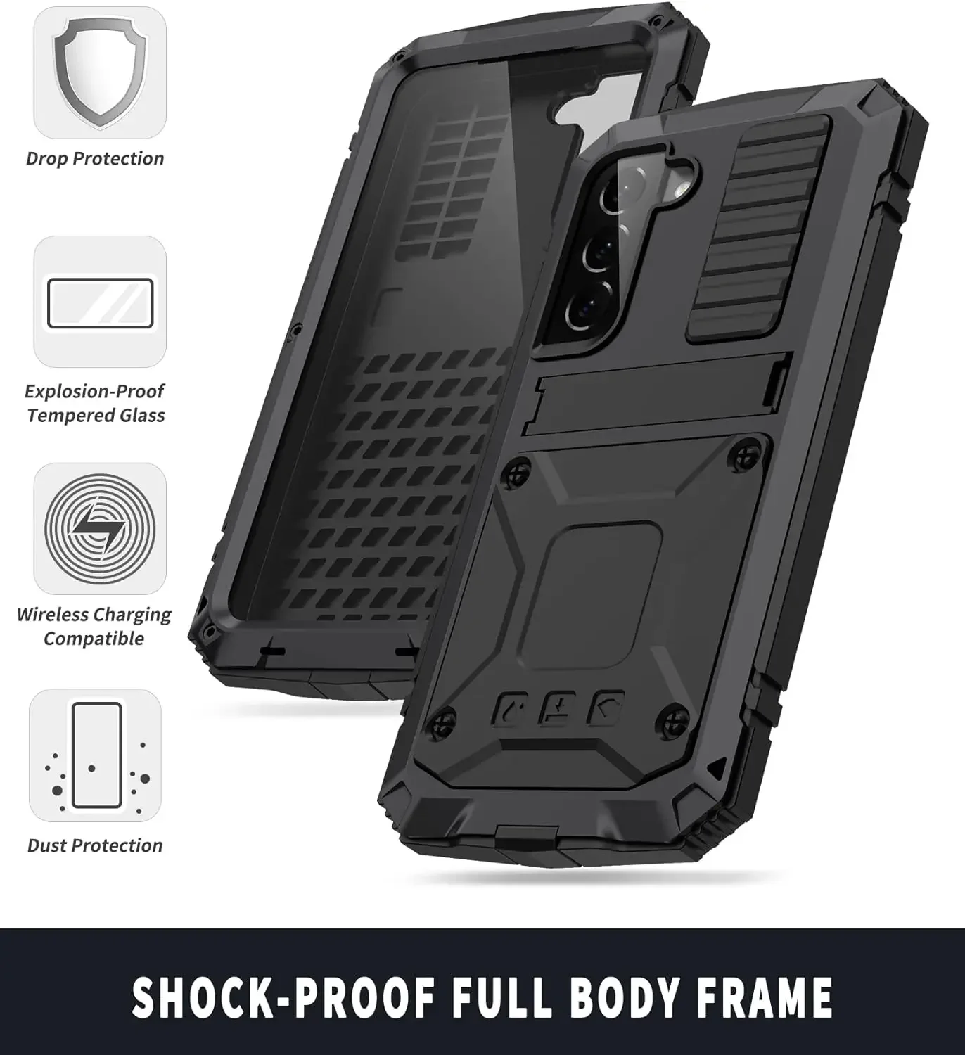 For Galaxy S22Ultra S22 Plus Hybrid Metal Bumper Silicone Case Military Shockproof Heavy Duty Rugged Cover With Screen Protector