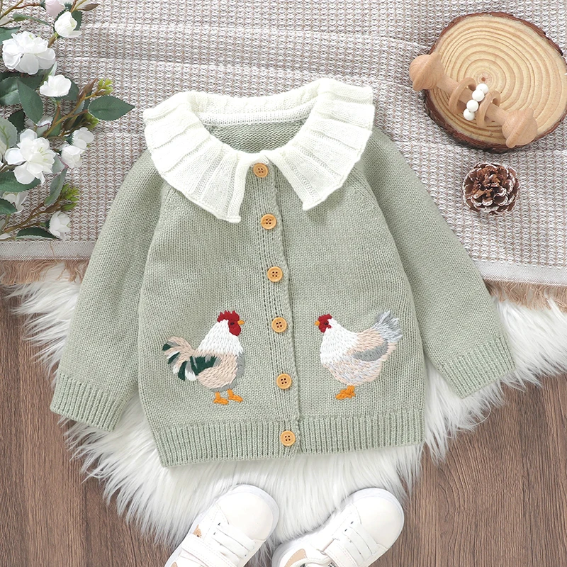 Toddler Baby Girl Sweater Cardigan Rooster Embroidery Doll Collar Long Sleeve Button Down Tops Fall Winter 0-3Y