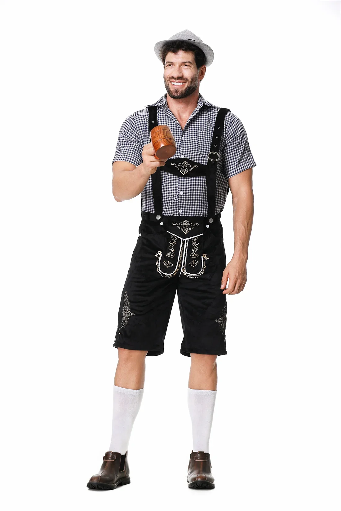 IEEILULU Oktoberfest Herenoutfit, Duits Bayern Oktoberfest kostuum set met afneembare slabbetjes, geruite overhemden, kniesokken en Beierse vilten hoeden (rood, XXXL