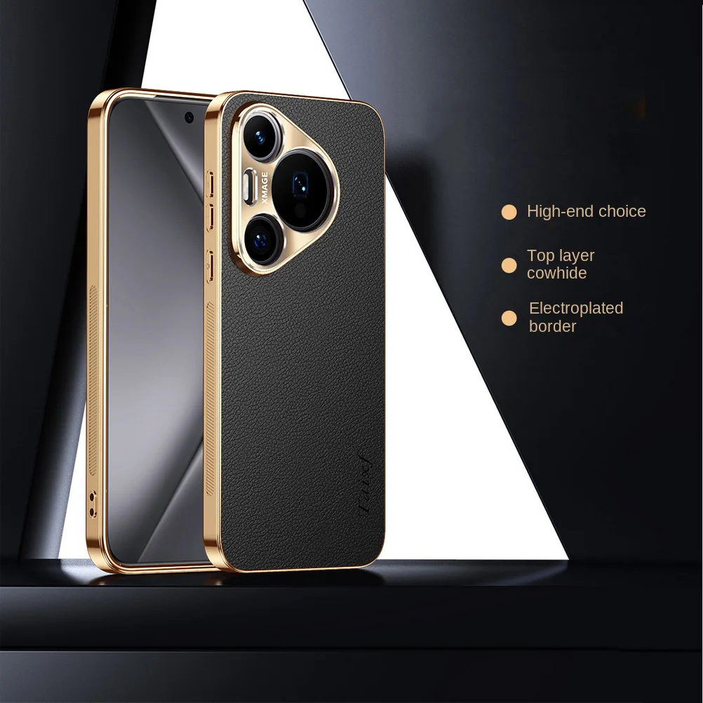Cowhide Lychee Texture Electroplated Frame Phone Case