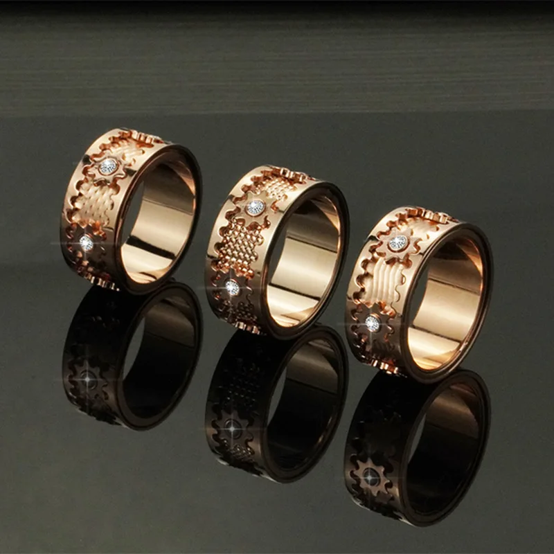 Zircone intarsiato Gear Finger Ring creativo uomini e donne gioielli di moda Luxury Rose Gold Silver Color Wedding Party Decor Rings