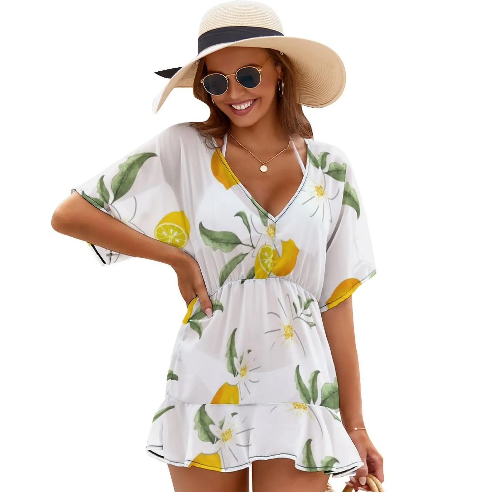 

Summer, citrus Mediterranean style mosaic ,lemon fruit pattern Cover Ups dress summer loose summer dress party dresses woman