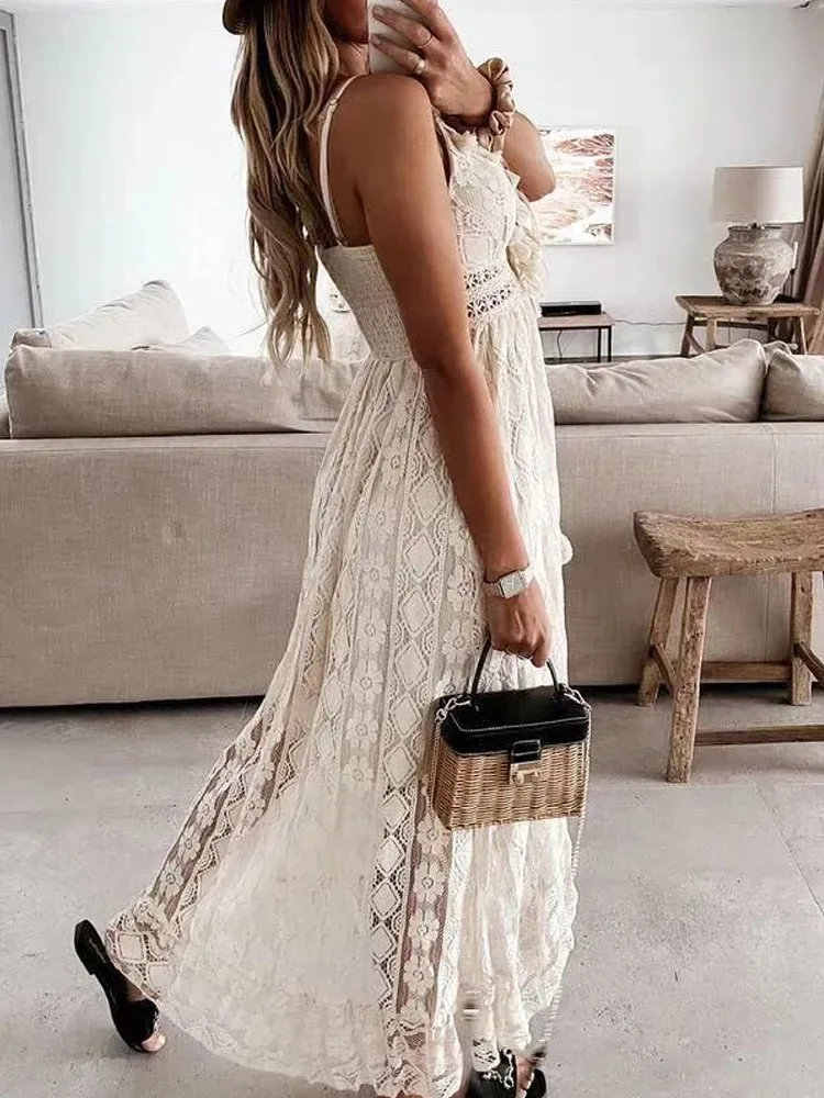 Women's V-neck Slim Shoulder Strap Sun Skirt Hook Flower Hollow Out Elegant Women's Vacation Bohemian Style Lace Dress 22194