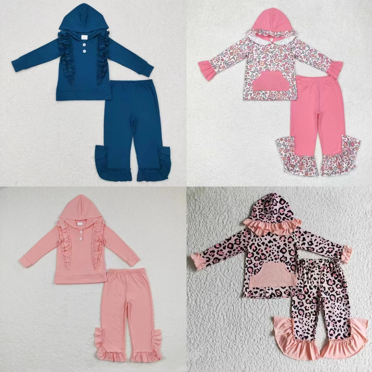 Wholesale Baby Girl Long Sleeves Shirts Kids Ruffle Pants Children Hoodie Set Children Leopard Flower Spring Fall Outfit