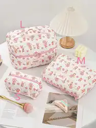 Chic Quilted Cotton Cosmetic Organizer - Portable Zipper Handbag - L (Flower Bear-)