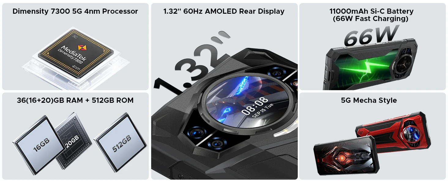 DOOGEE S200 Plus Rugged Phone 36GB RAM + 512GB ROM Dimensity 7300 11000mAh 66W 6.72” 120Hz Dimensity 7300 100MP NFC Smartphone