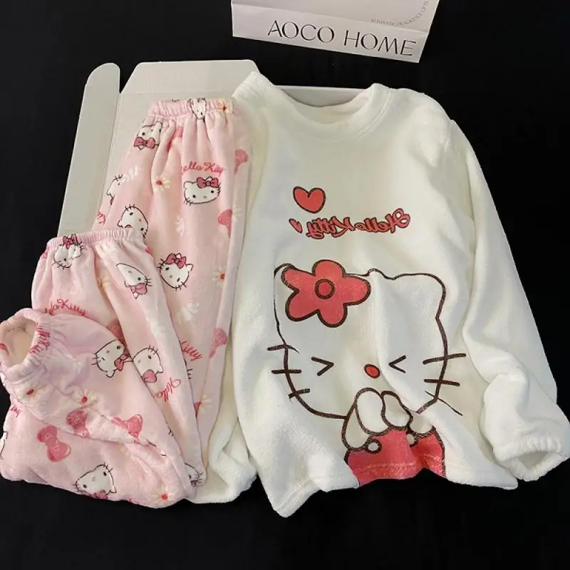 

Cartoon Sanrios Hello Kitty Melody Plush Sleepwear Kawaii Cute Giris Autumn Winter Comfortable Long Sleeved Coral Velvet Pajamas