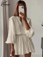 Oymimi Elegant Beige Cotton Womens Dresses Fashion V-Neck Long Sleeve Lace-Up Dresses Casual Loose Pleated Mini Dress Streetwear - Image 2