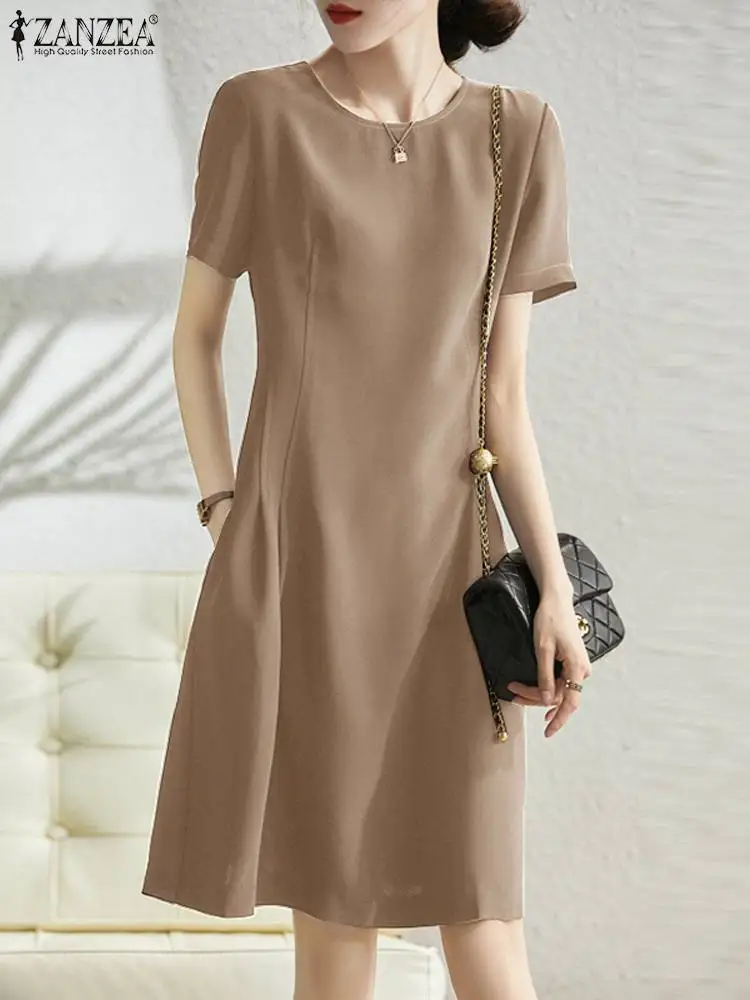 

2023 ZANZEA Female Vintage Short Sleeve Dress Woman Fashion OL Work Dresses Ladies O-Neck Robe Elegant Slim Sundress Oversized