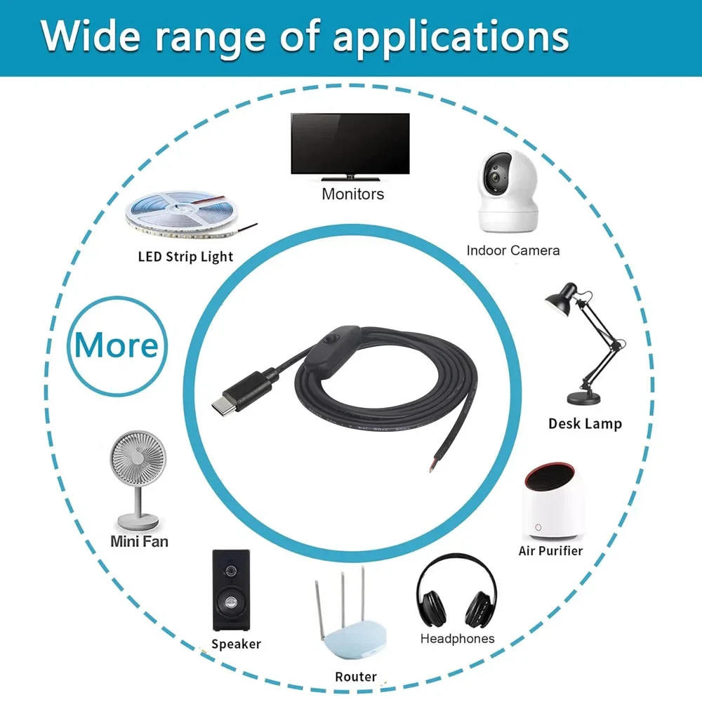 1m/2m USB C타입 피그테일 케이블 연장 전원 케이블 (ON/OFF 스위치 포함) USB-C 플러그 - 2핀 베어 와이어 오픈 엔드 커넥터 (DIY용)