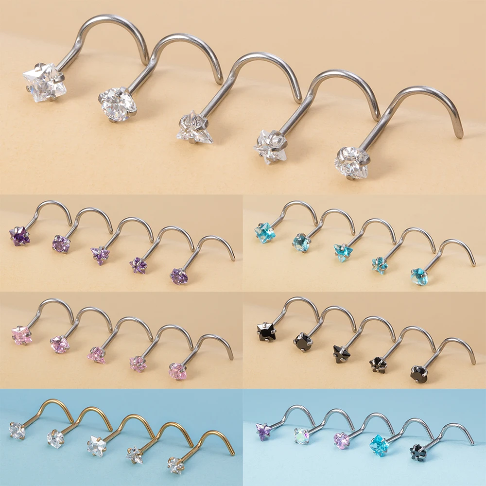 5PCS 20G Surgical Steel Nose Stud Rings Women Round Heart Star Square  Triangle Zircon Screw Bend Nose Piercing Jewelry Punk Gift - AliExpress