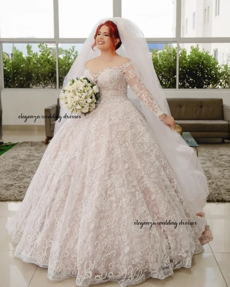 green emerald velvet dress Two Tone A-Line High Neck Long Sleeve Lace Applique with Train Wedding Dress QW8099 US6 / Custom Color main image 1