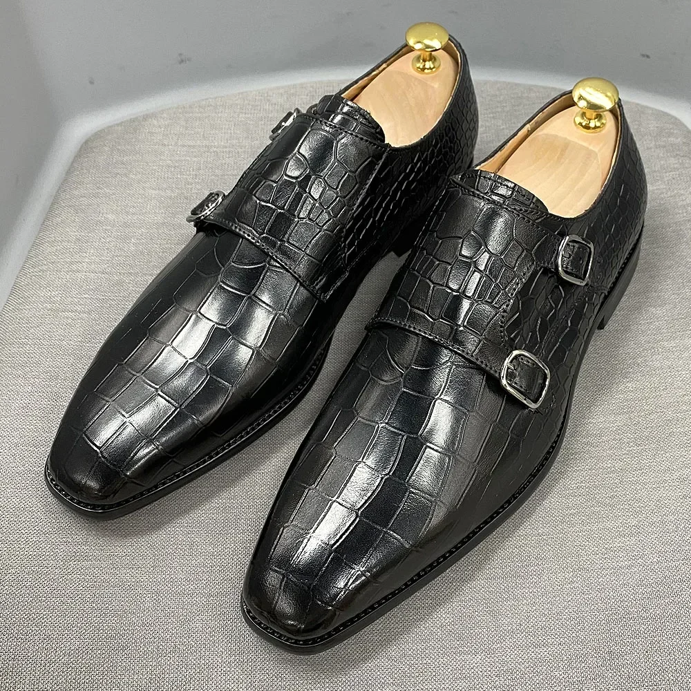 Men's Big Size 12 Monk Strap Dress Shoes-Genuine Leather Luxury Crocodile Print Double Buckle Pointed Toe Wedding Shoes
