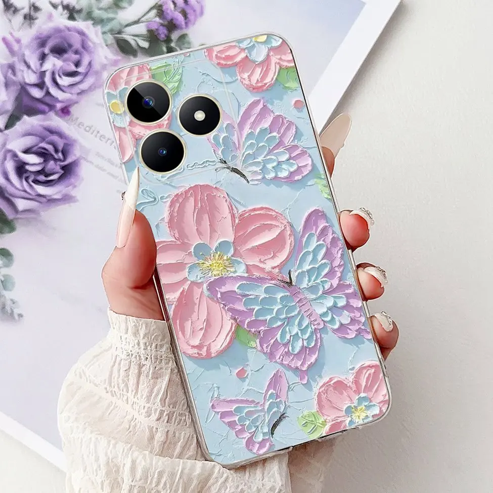 Clear Cute Cat & Butterfly Design Phone Case with Flower Accents - Stylish Protective Back Cover