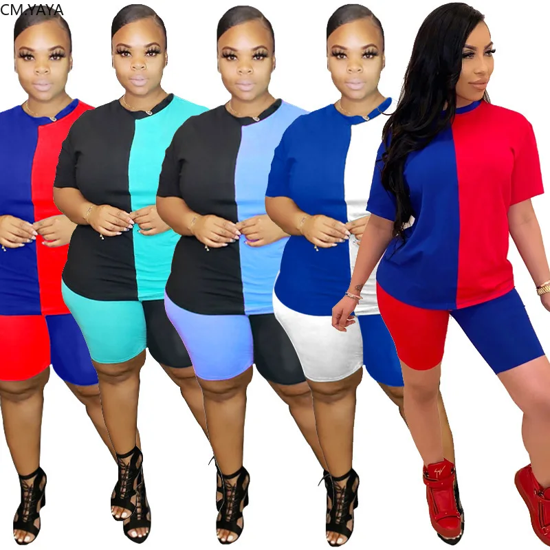 CM.YAYA Patchwork Women Two Piece Sets Summer Tracksuit Short Sleeve Tee Tops + Shorts Leggings Suit Fitness Outfit Sweatsuit |