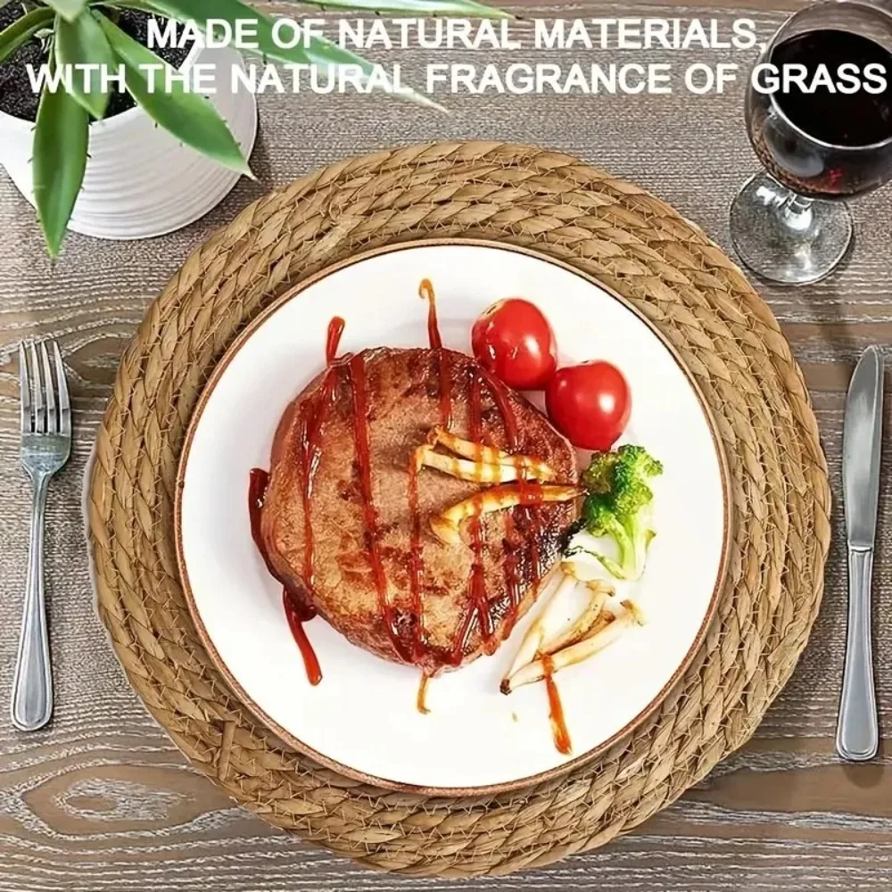 Straw Braided Round Handwoven Rattan Placemats Non-Slip Heat Resistant Heat Insulation Mats Woven Placemats Dining Table