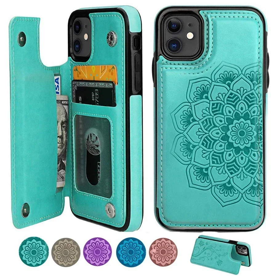 Elegant Datura Double Buckle Leather Wallet Case with Card Slots and Magnetic Flip Closure