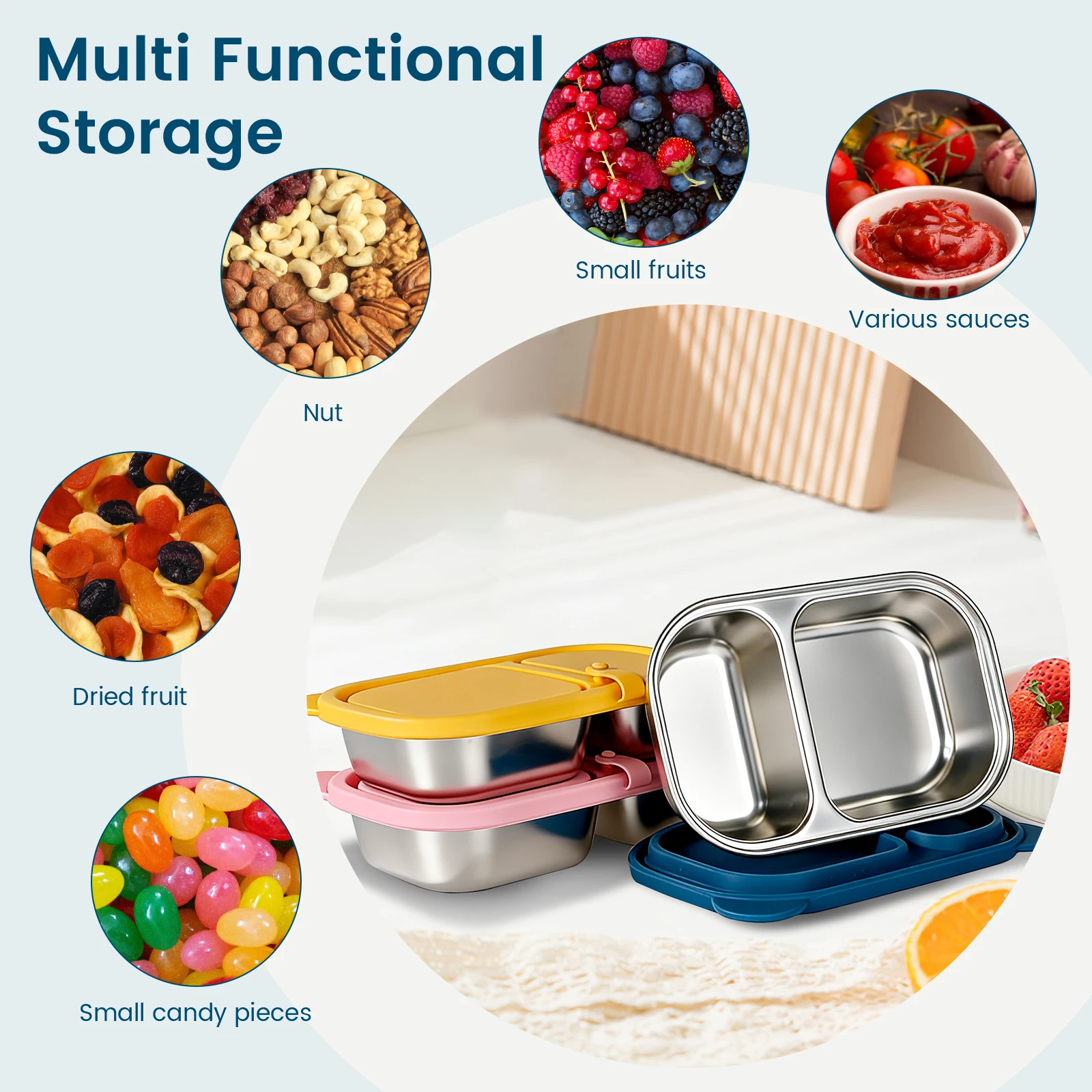 3/4Pcs Snack Container Stainless Steel Sauce Box with Silicone Lid 150/420ml 2 Compartment Food Storage Box Portable Dip Case