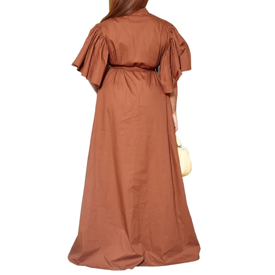 Летнее модное однотонное платье-рубашка, Африканское женское Повседневное платье-рубашка на пуговицах, с расклешенным рукавом, на шнуровке, длинное женское платье