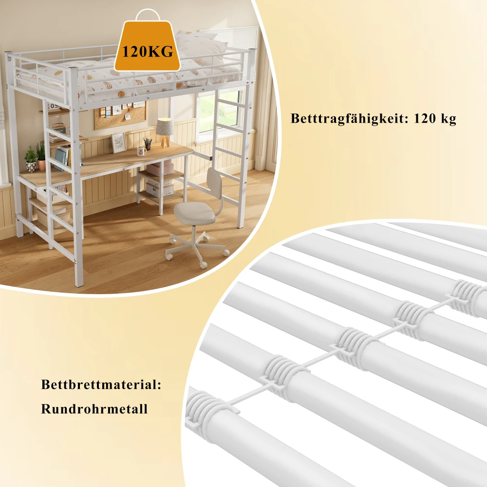 90x200cm Bett mit Eisenrahmen, Etagenbett mit Tisch und Regalen, für Kinder und Jugendliche, Kinderbett mit Seitenleiter und Fallschirmgitter – Detail 7