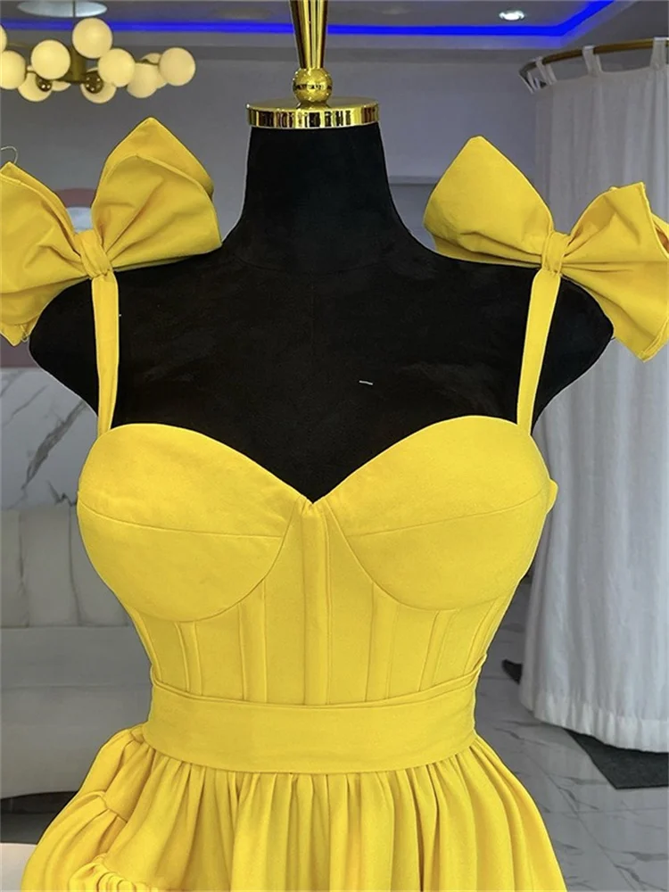 Wmstar Long Dresses Women Bow Halter V Neck Ruffled Swing Yellow Elegant Party Evening Dressnew in Summer Wholesale Dropshipping