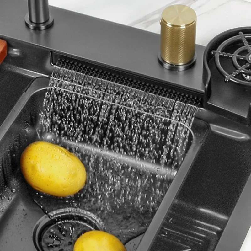 Black Nano Kitchen Sink 304 Stainless Steel Waterfall Sink Basin Large Single Bowl With Multifunction Touch Waterfall Faucet 5