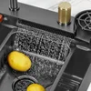 Black Nano Kitchen Sink 304 Stainless Steel Waterfall Sink Basin Large Single Bowl With Multifunction Touch Waterfall Faucet 5