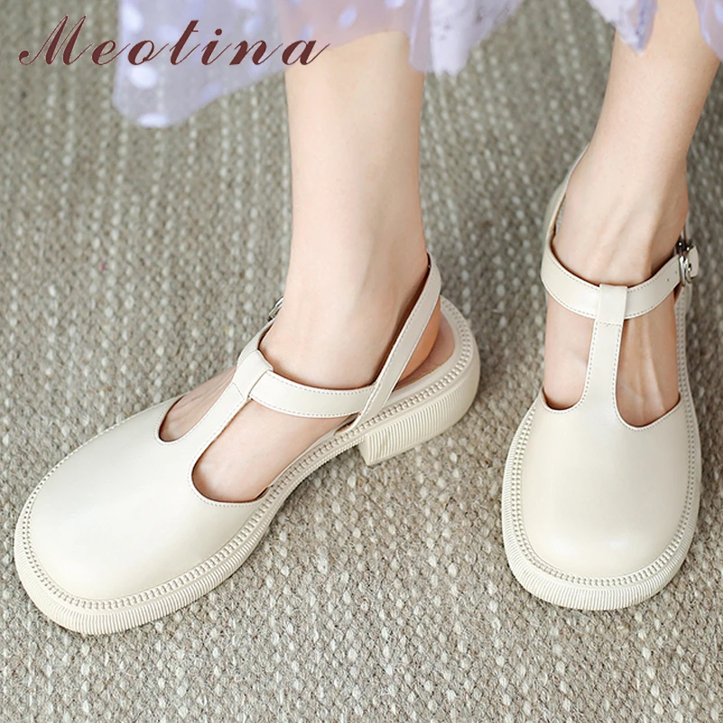 

Meotina Women Genuine Leather Sandals Square Mid Heel T-Strap Sandals Round Toe Buckle Sandals Ladies Summer Shoes Apricot
