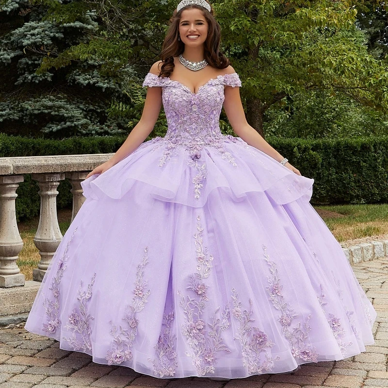 

Lavender Shiny Ball Gown Quinceanera Dress Off the Shoulder Corset Lace Appliques Beading Sweet 16 Dress Vestidos De XV Anos 15