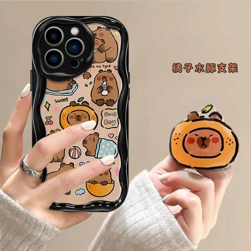 Cute Capybara Wave TPU Soft Phone Case with Grip Tok Holder