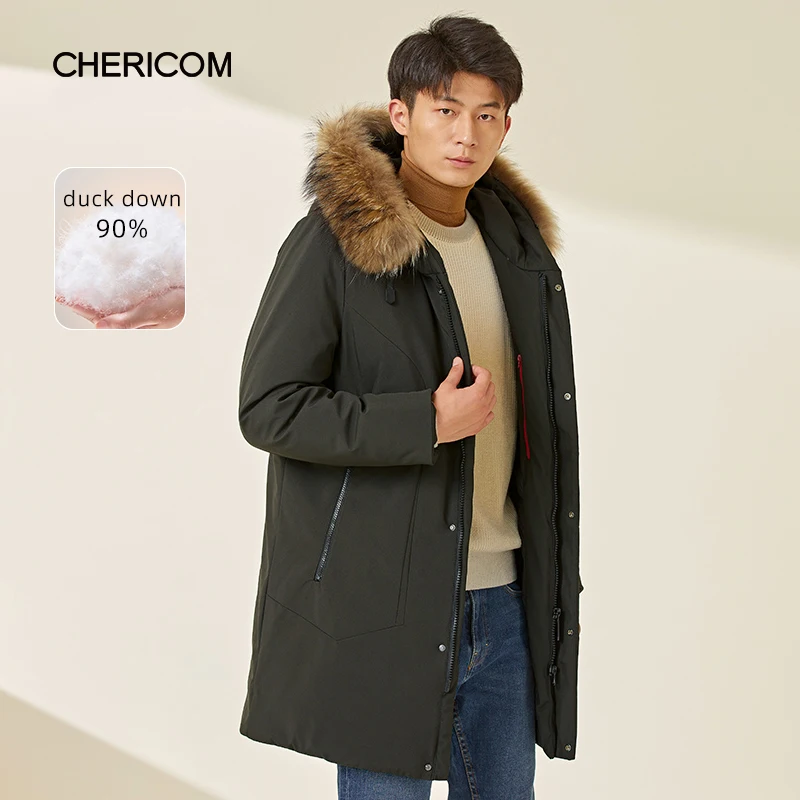 Chericom Men's Winter Hooded Down Jacket Fur Neck Duck Down Thickened Thermal Overcoat Business Casual Waterproof Jacket