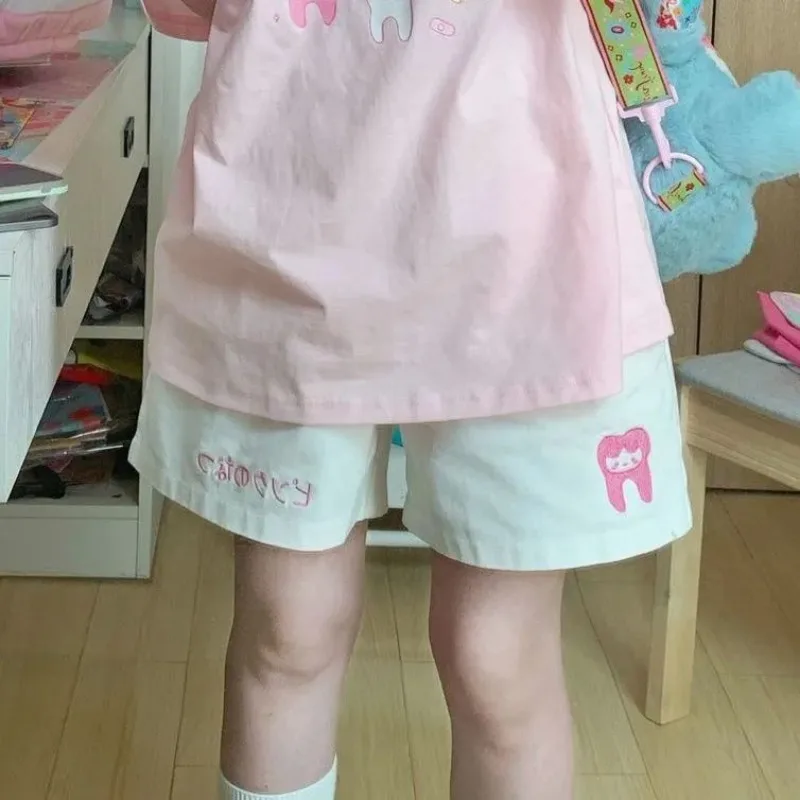 Full Marks Shorts Teeth Embroidery White Women Summer Japan Lovely Sweet Loose Fitting Versatile Leisure Wide Legs Student Y2k