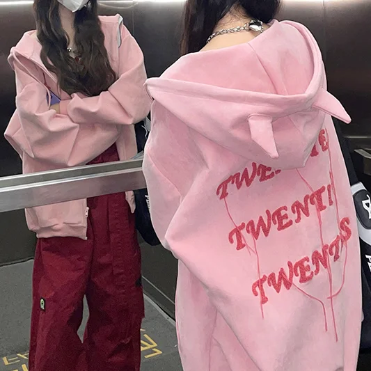 New Pink Demon Hoodies Women American Retro Devil Horn Design Loose Sweatshirts High Quality Streetwear Women Goth Zip Up hoodie