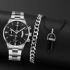 3Pcs Mens Fashion Business Quartz Watch Fashion Three Eye Calendar Men Watch Necklace Bracelet Stainless Steel WristWatch Gift 1