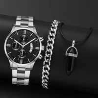 3Pcs Mens Fashion Business Quartz Watch Fashion Three Eye Calendar Men Watch Necklace Bracelet Stainless Steel WristWatch Gift 1