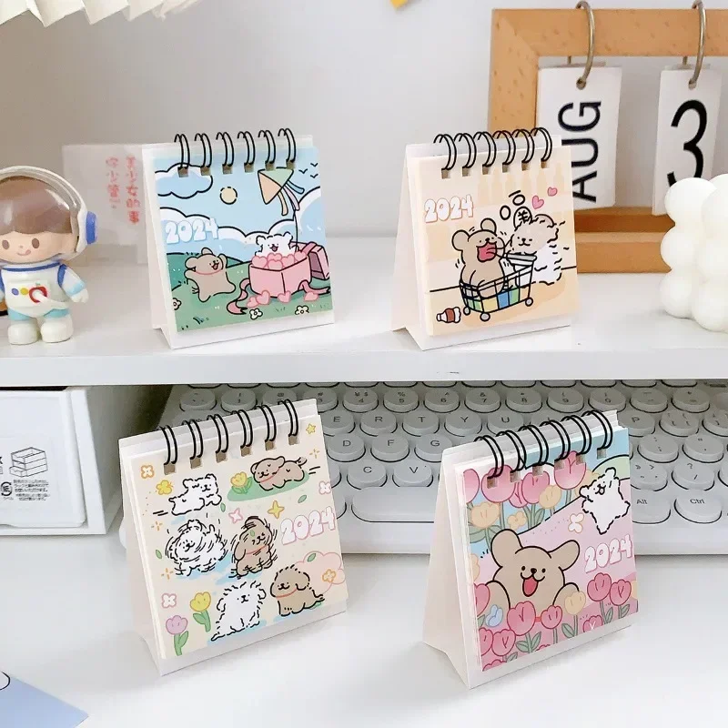 2024 Mini Calendar Cute Cartoon Puppy Series Table Calendar Small Portable Desktop Calendar Kawaii Office/student Supplies
