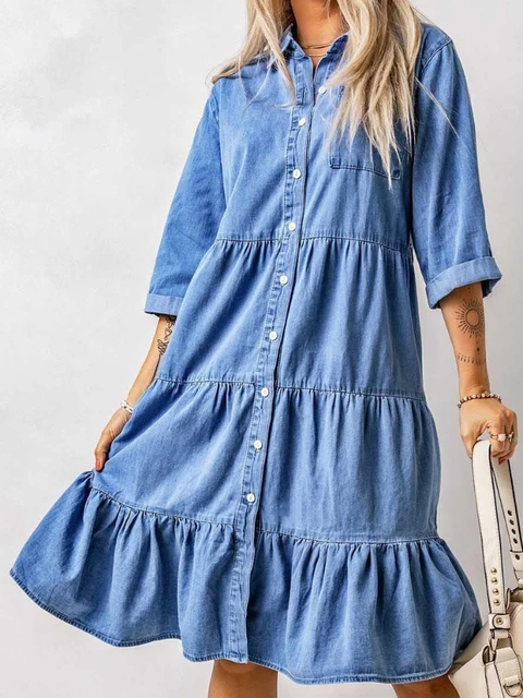 Denim Woman Dresses Autumn 2023 Imitation Denim Vintage Clothes Solid  Female Fashion Casual Blue Dress Knee-Length O-Neck Clothe