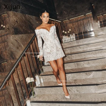 Xijun Sexy Off Shoulder Full Lace Mini Short Wedding Party Dresses Long Sleeves Mini Bridal Gowns Robe de mariage Prom Dresses 1