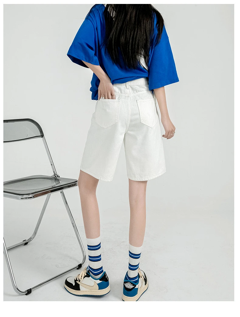 Shorts Women's Blue Washed Cotton Loose Learning Spring and Summer New Small Straight Jeans Button Design Thin High Waist Pants
