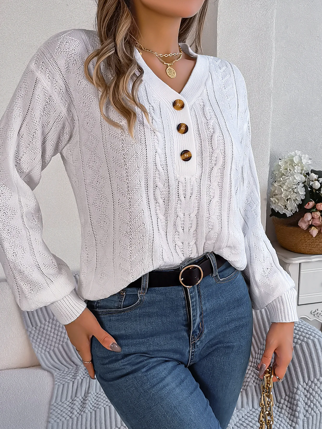 

Sweater for Female Autumn and Winter New Solid Color Twist Design V-Neck Button Lantern Sleeve Set Head Fashion Casual Blouse