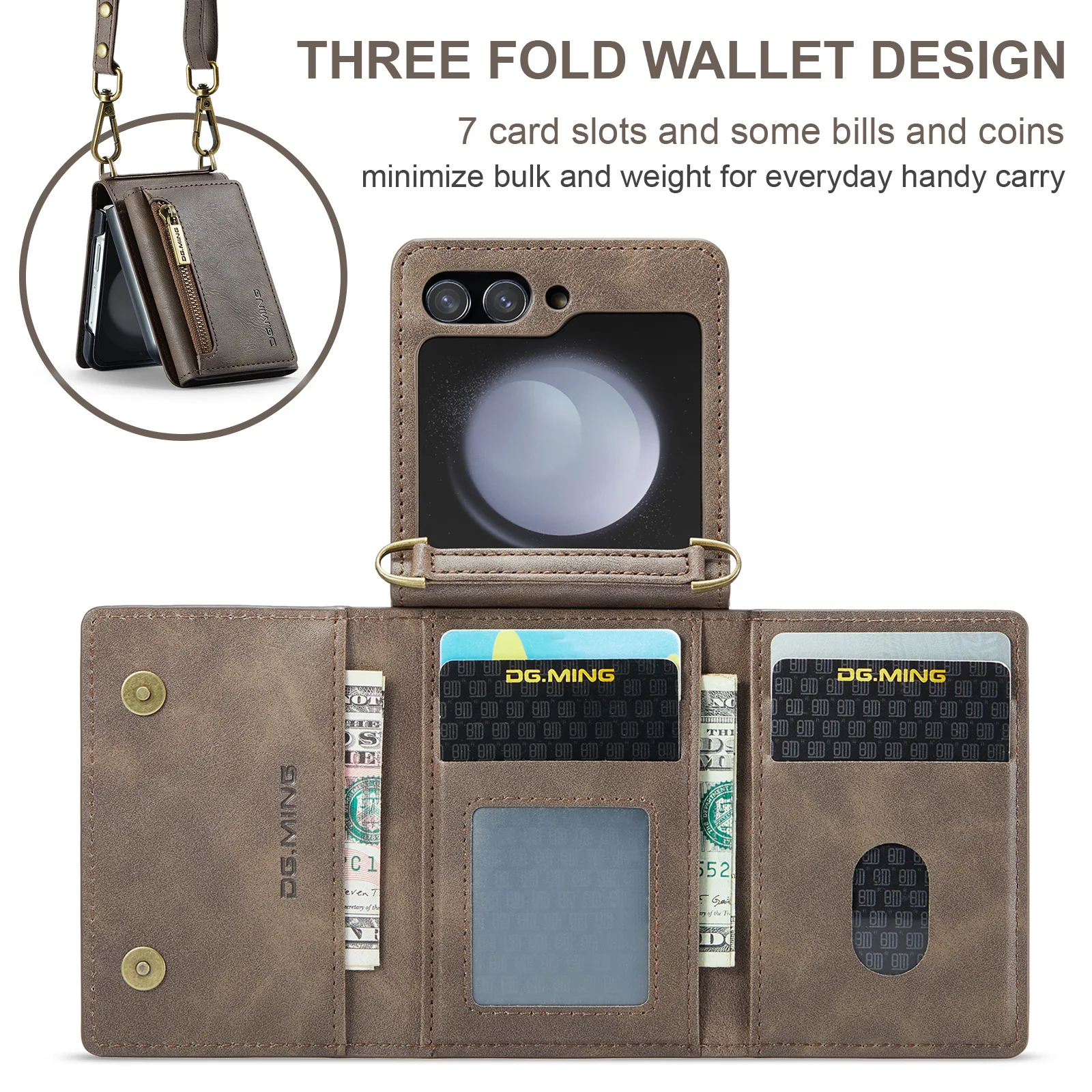 DG.MING M5 Long Strap Crossbody Card Bag Leather Case for Galaxy Z Flip 5/Z Flip 4/Z Flip 3 Folding Zipper Purse Wallet Case