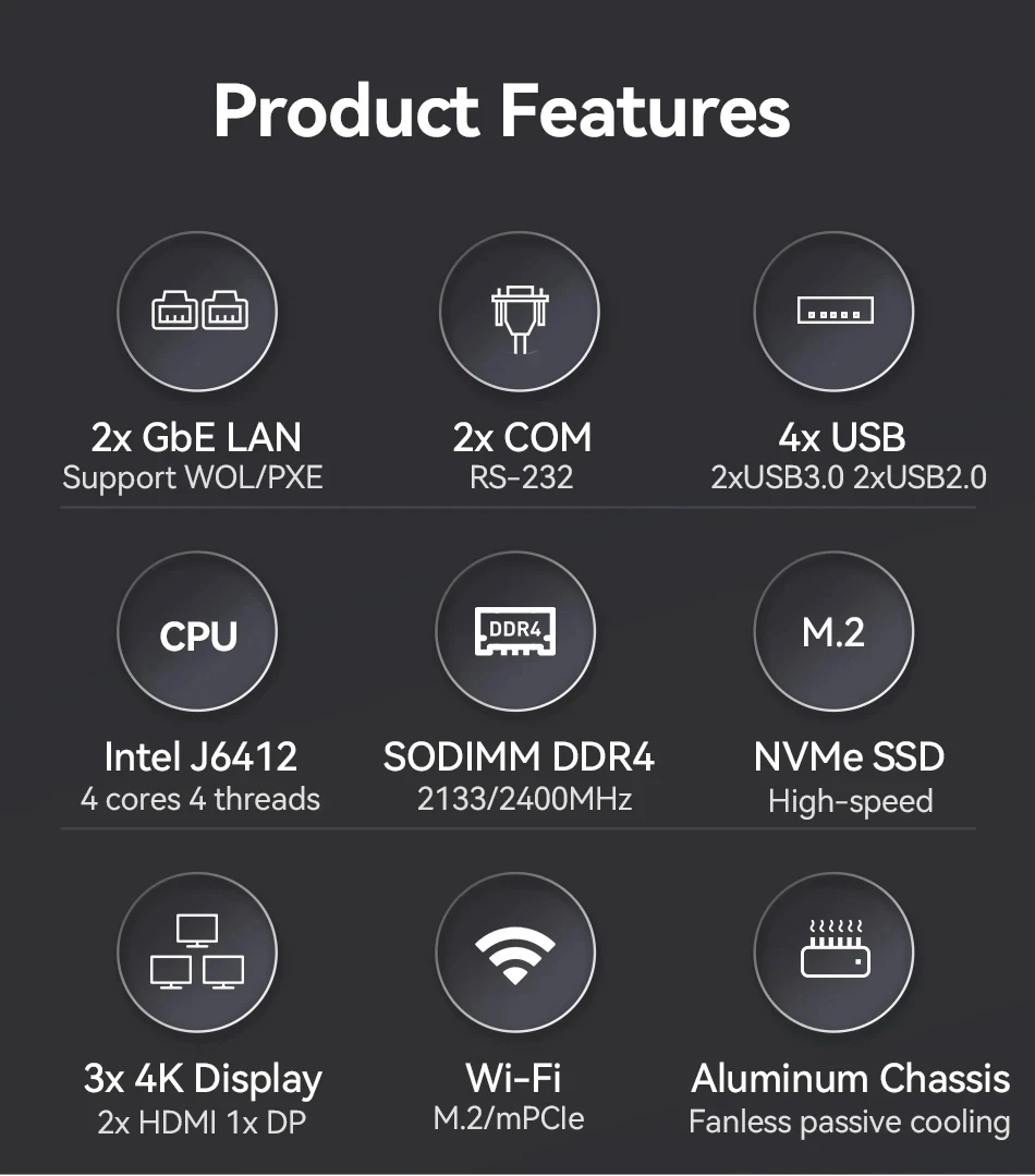 Industrial Mini PC Intel Celeron J6412 8GB DDR4 128GB M.2 NVMe SSD 2x COM RS232 2x GbE LAN 3x Display 4x USB Windows 10/11 Linux 6