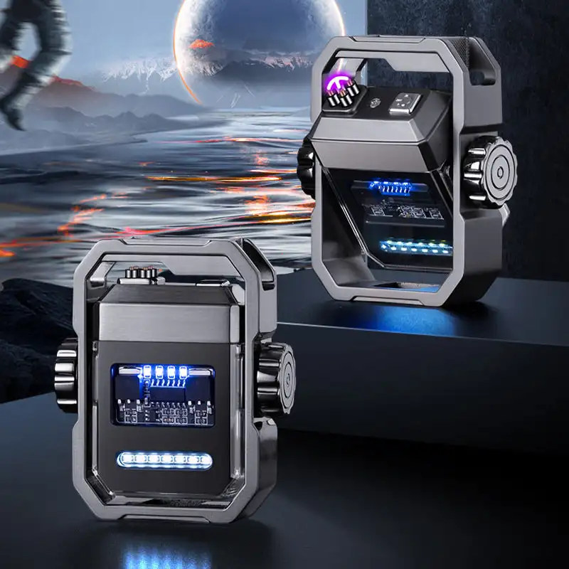 Mecha Fingertip Spinner Lighter Windproof Rechargeable Lighter Smart Dual Arc Rotary Creativity Gift Power Display Light