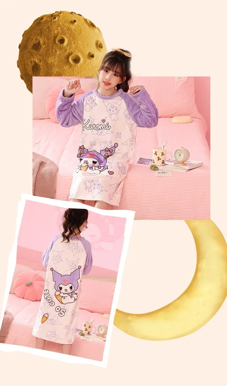 Sanrio Miniso Kuromi Hello Kitty Children's Girl's Autumn Pajamas Robes Long Sleeve Dress Anime Cartoon Print Loungewear