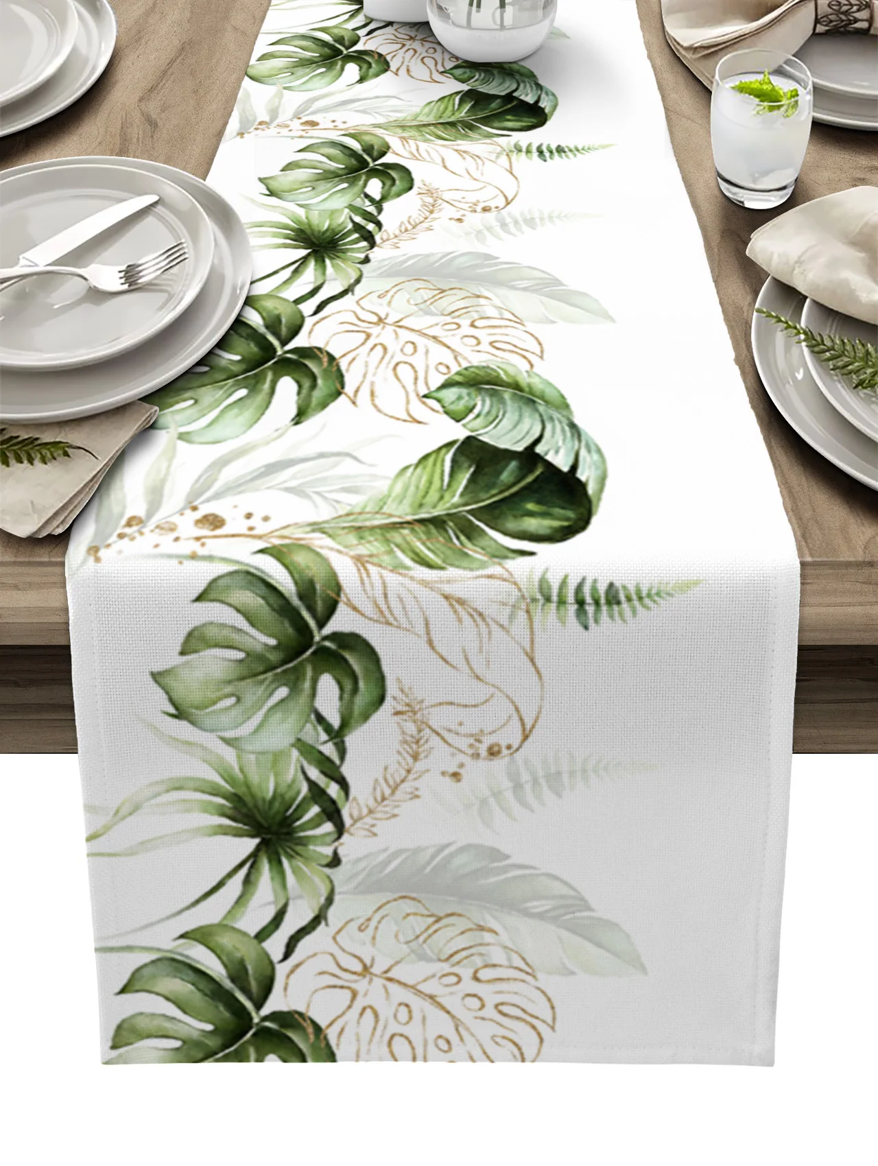 

Watercolor Palm Green Leaves Plant Linen Table Runner Kitchen Table Decoration Farmhouse Dining Tablecloth Wedding Party Decor