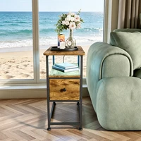 Table basse, table de chevet, table d'appoint, table à thé, avec une tiroir, avec éclairage LED, prise européenne, 60x30x62cm, pour salon, chambre à coucher, bureau. 1