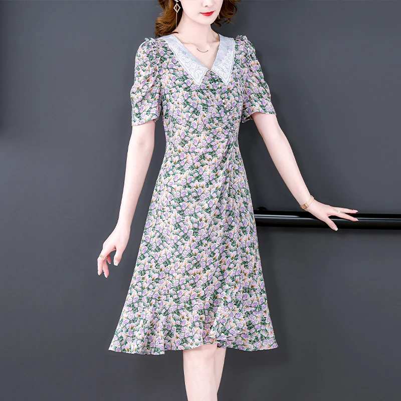 

Summer Floral Natural Silk Embroidery Polo Collar Midi Dress Women Elegant Office Lady Dress 2023 Korean Bodycon Casual Dresses