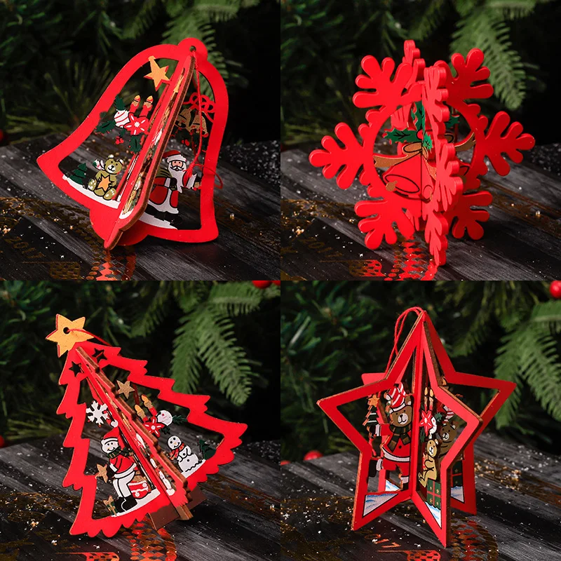 

Christmas Tree Hanging Decorations, Santa Gifts, Stereo bells, Snowflake Crafts, Wooden Hanger, Home Decor, 5Pcs