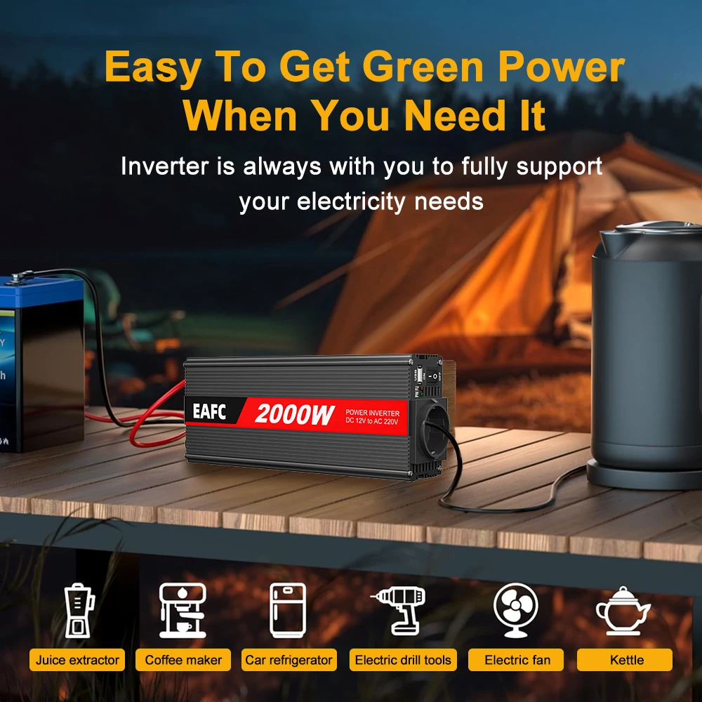 Inverter per Auto 500W-2000W Potenza di Picco, Convertitore a Onda Sinusoidale Modificata DC 12V-220V AC 50Hz, Trasformatore di Tensione con Presa EU - immagine 3