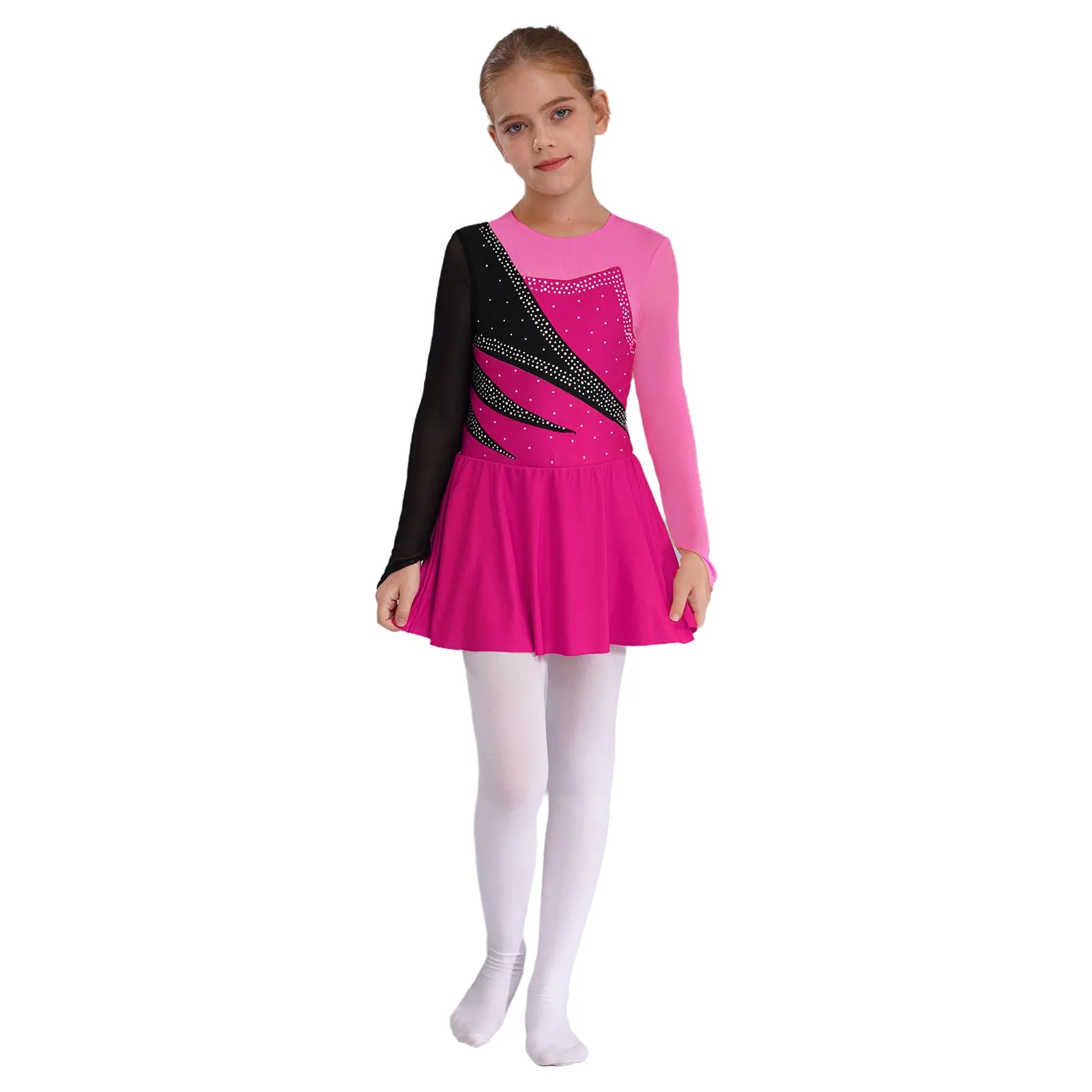 Kinder Mädchen Eiskunstlauf Tanz Performance Kleider Glitzernde Strasssteine Sheer Mesh Trikotkleid für Ballett Lyrical Dancewear – Detail 21